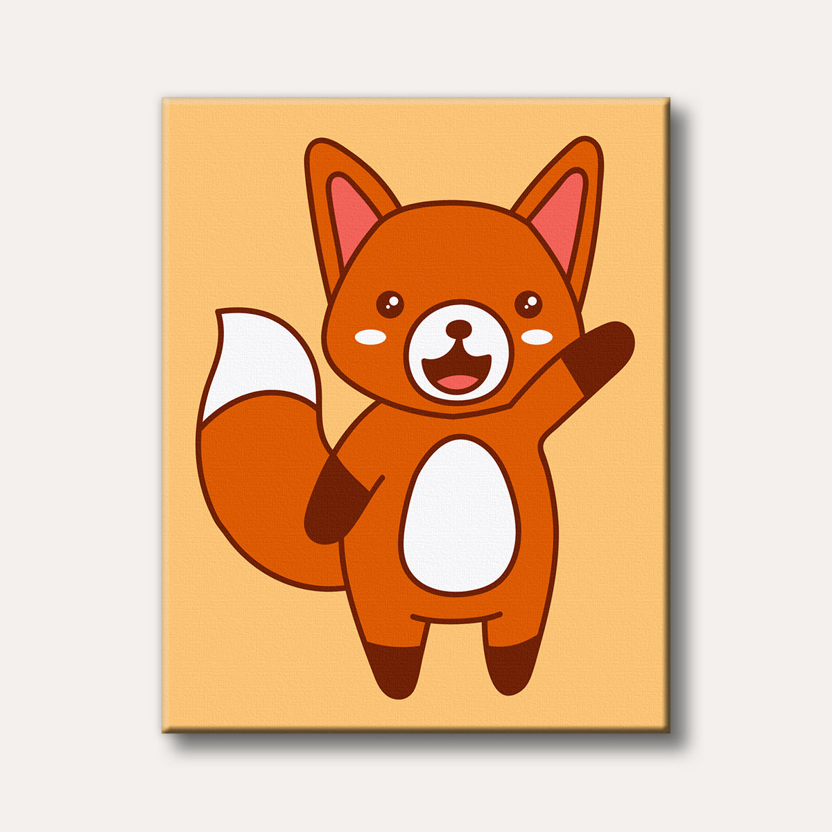 A cheerful, orange cartoon fox with white and brown markings waves, depicted in a cute, simple flat illustration style against a light orange background.