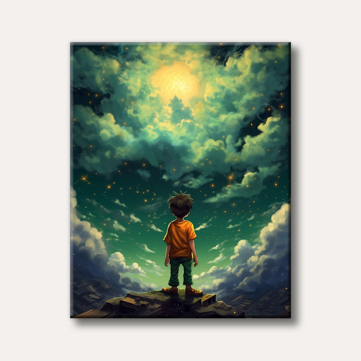 A child stands on a peak, looking up at a fantastical night sky filled with glowing stars and illuminated clouds, rendered in a vibrant digital art style.