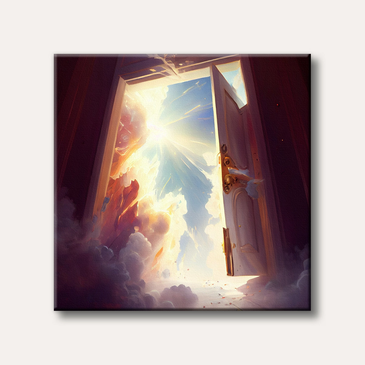 A vibrant fantasy painting depicting a grand, open door revealing a brilliant, sun-drenched sky filled with ethereal clouds and floating elements, rendered in a magical style.