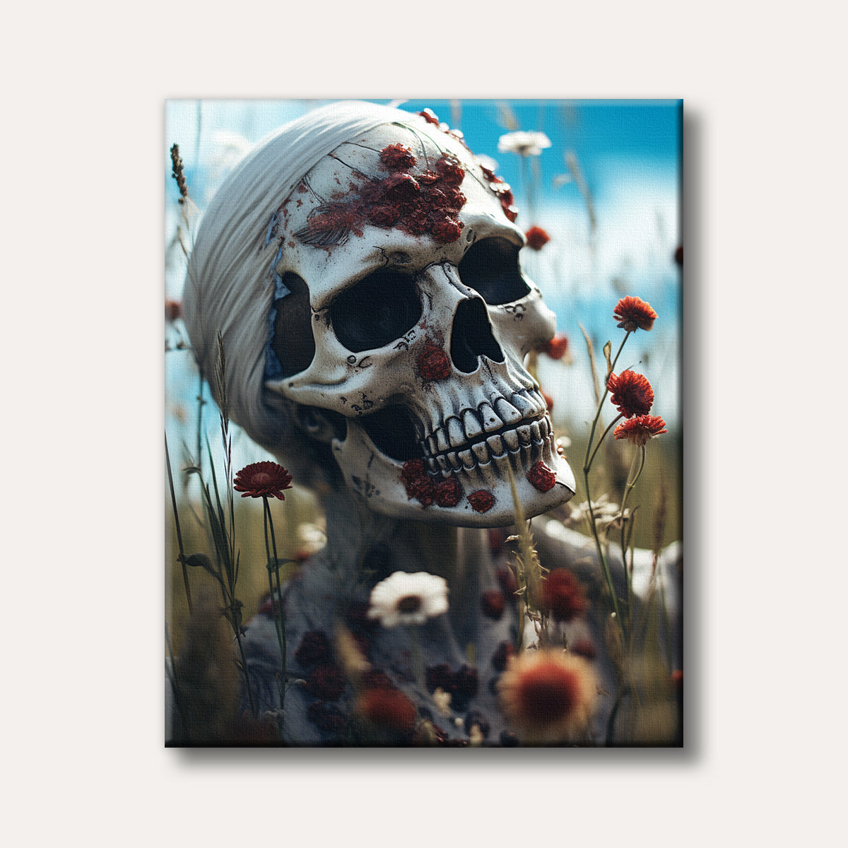 A weathered human skull adorned with red flowers rests among tall green grass and wildflowers under a bright blue sky, rendered in a realistic, symbolic style.