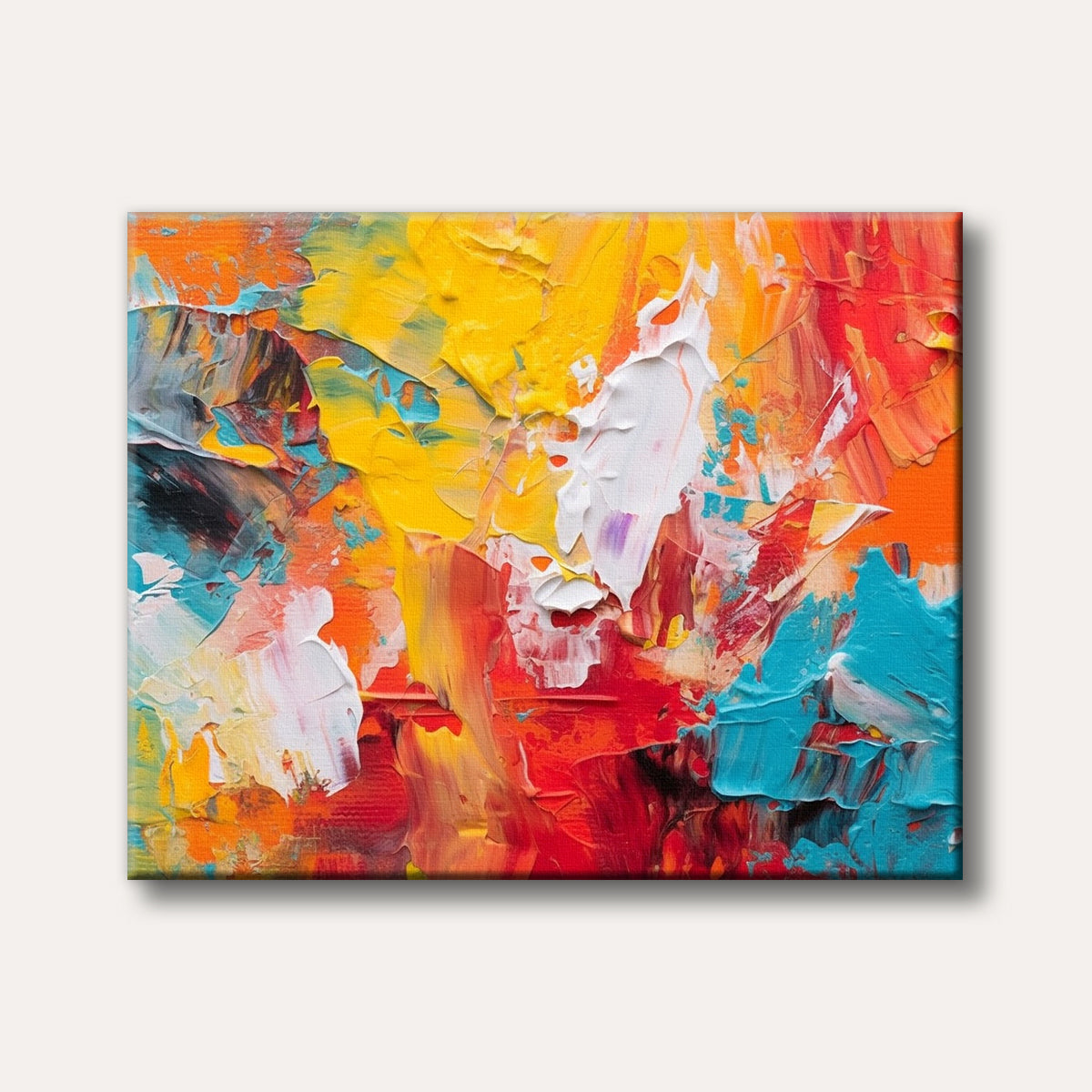A close-up abstract painting featuring thick, vibrant impasto brushstrokes in dynamic shades of red, orange, yellow, and blue, conveying an energetic and textured feel.