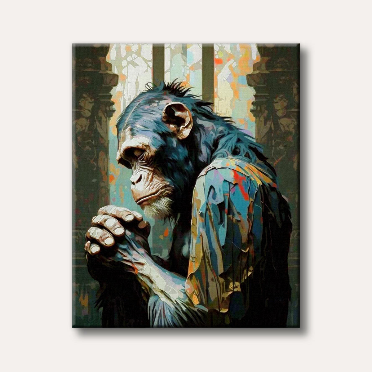 A contemplative chimpanzee is depicted with hands clasped in a unique, abstract art style featuring fragmented shapes and a dark, moody colour palette.