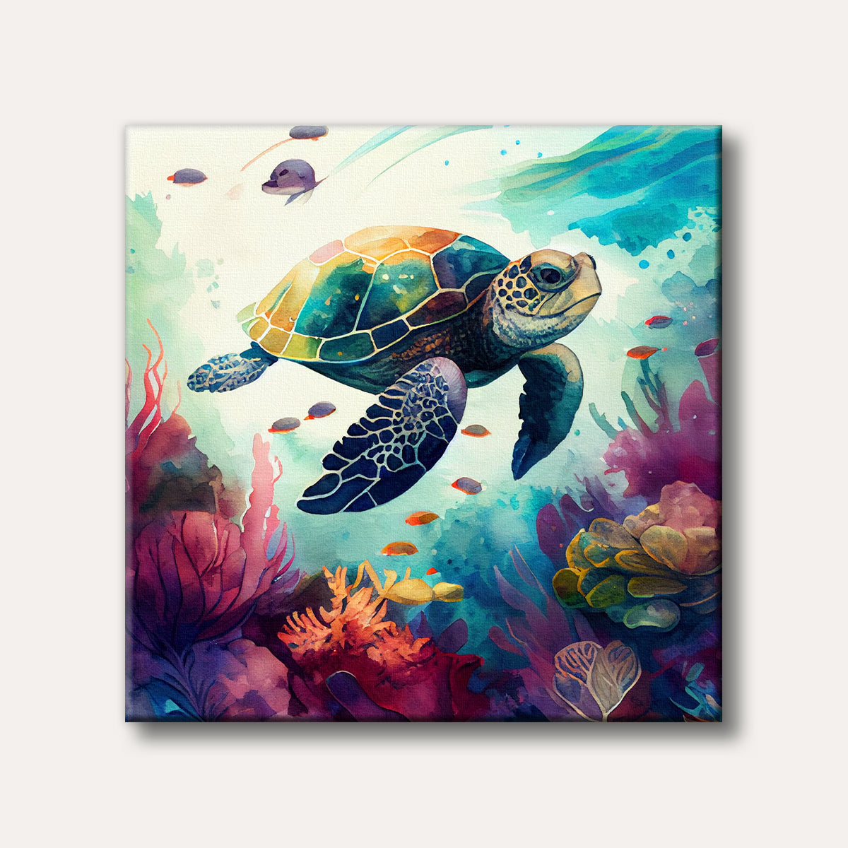 A vibrant watercolour painting of a sea turtle swimming amidst a colourful coral reef with small fish, depicted in an expressive and fluid style.