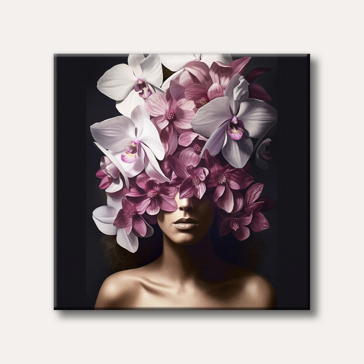 A captivating realistic portrait of a woman with her face partially hidden by an abundance of white and purple orchids, set against a dark, dramatic background.