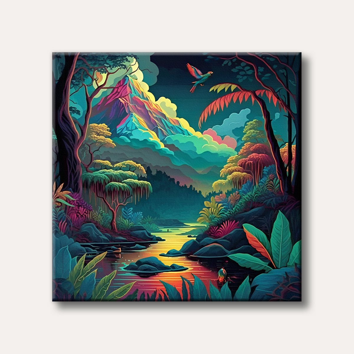 A vibrant, stylized landscape painting of a lush jungle river reflecting colourful light, with a majestic mountain and a bird in the sky.