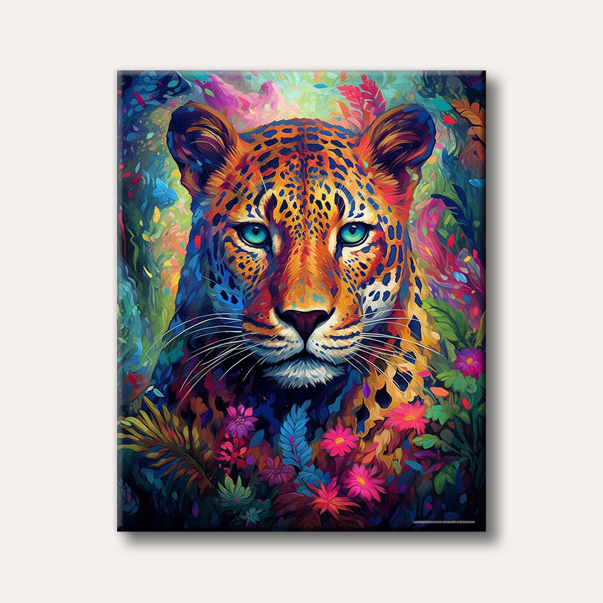 A close-up of a leopard's face painted in a vibrant, kaleidoscopic style with bright blue eyes, surrounded by colourful abstract foliage.