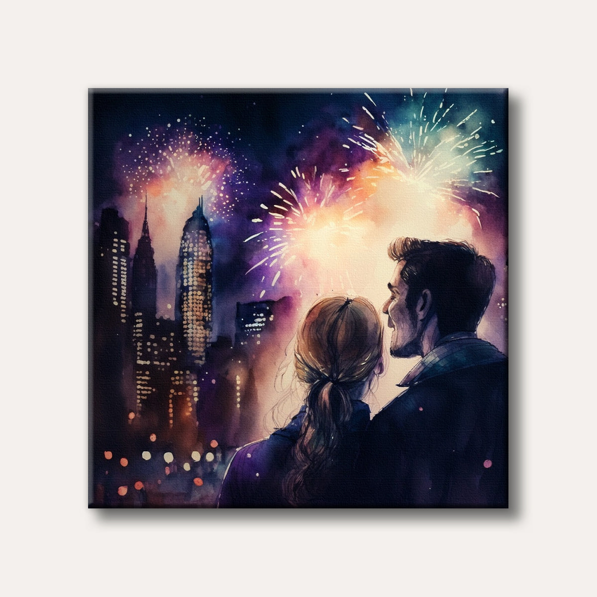 A romantic watercolour painting of a couple watching vibrant fireworks explode over a dark city skyline at night, evoking a sense of wonder.