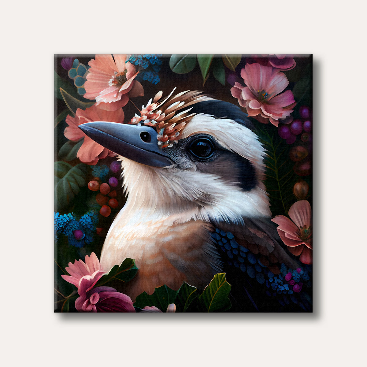 A detailed and vibrant painting of a Kookaburra bird with its distinct beak and feathered head, surrounded by large pink, blue, and green tropical flowers and leaves, set against a dark, dramatic background.