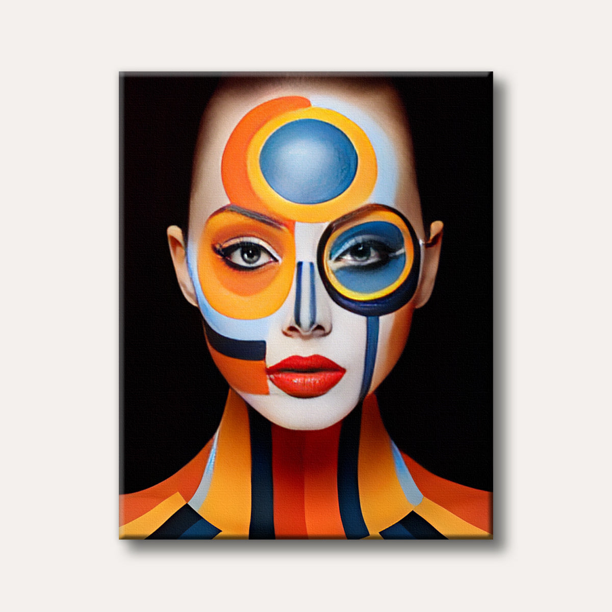 A captivating close-up of a woman's face and neck adorned with bold, colourful geometric abstract patterns in a modern artistic style.