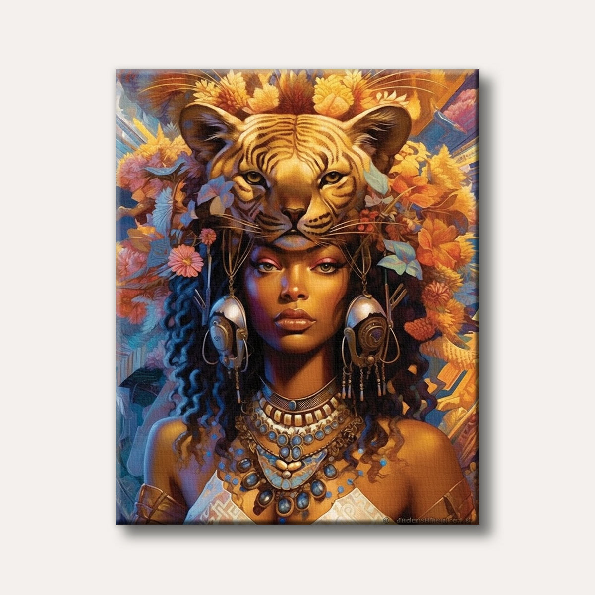 A striking portrait of a dark-skinned woman wearing an elaborate golden tiger headdress adorned with flowers and ornate blue and gold jewelry, depicted in a majestic fantasy art style.