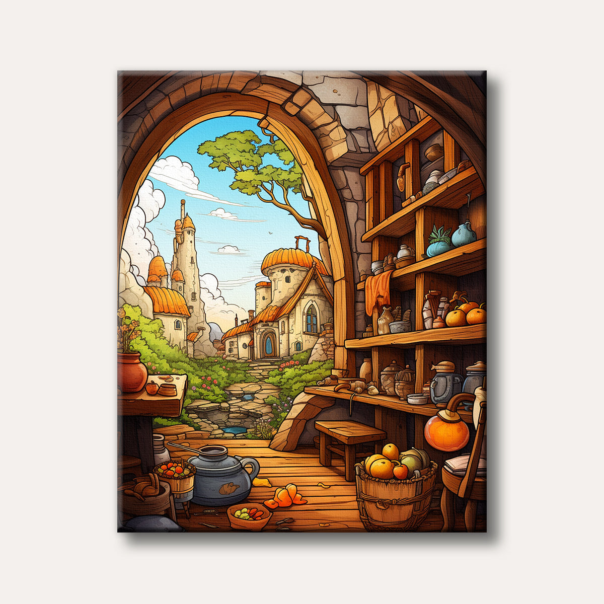 A charming illustration depicts a cozy, rustic room filled with jars and baskets, looking out through an arched stone doorway to a whimsical fantasy village with unique buildings and green hills under a bright blue sky.