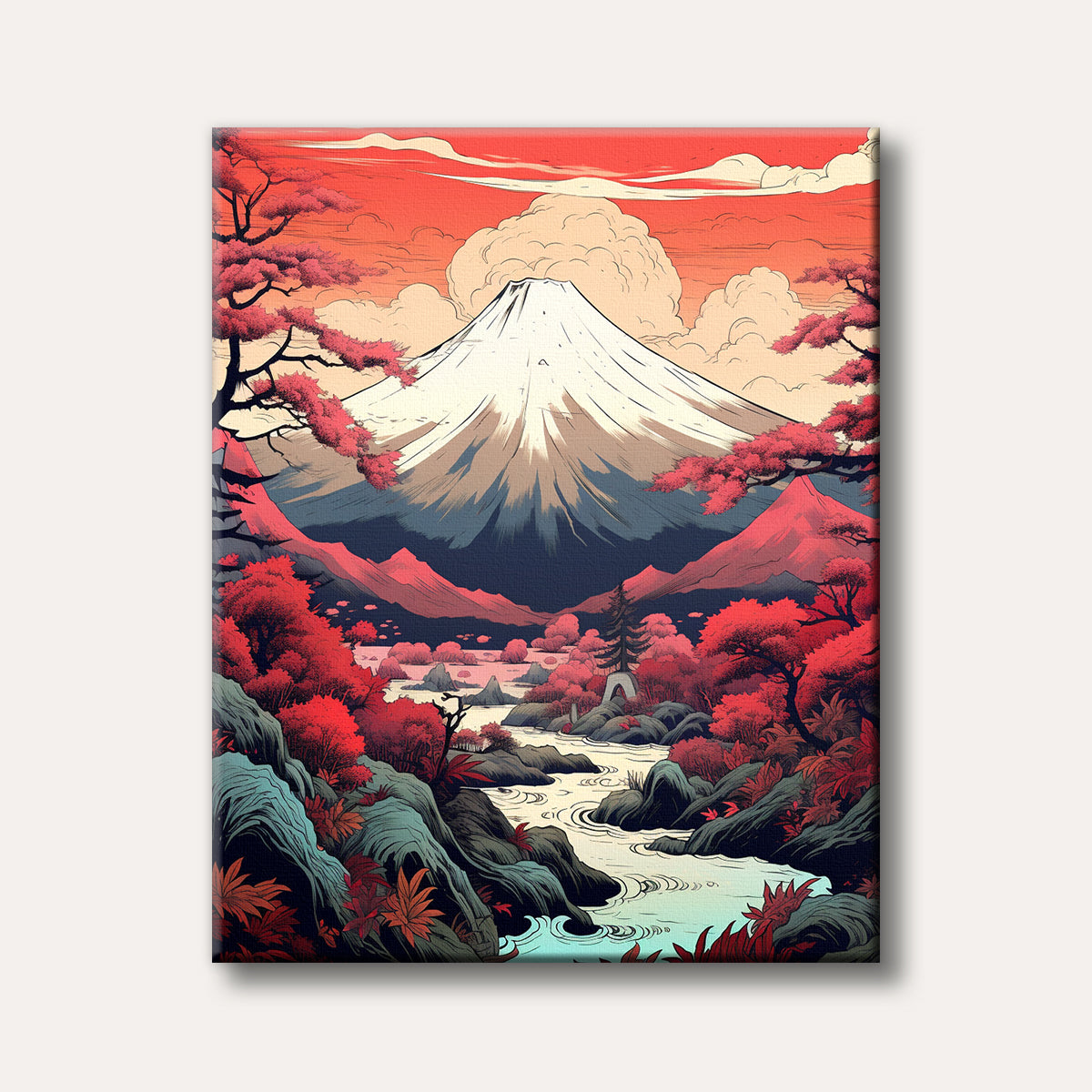 A vibrant, stylized illustration of Mount Fuji towering over a landscape of crimson red trees and a winding river, depicted with bold lines and a striking colour palette.