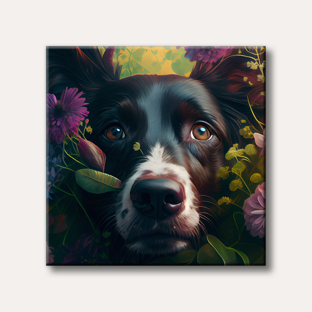 A close-up, painterly portrait of a black and white dog peeking through vibrant purple and green foliage, with expressive brown eyes looking upwards.