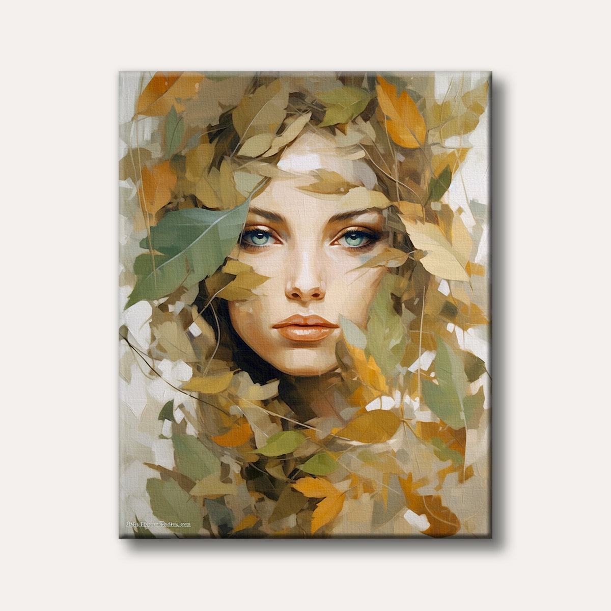 A striking portrait of a woman with vibrant blue eyes framed by autumn leaves, rendered in a modern, impressionistic painting style.