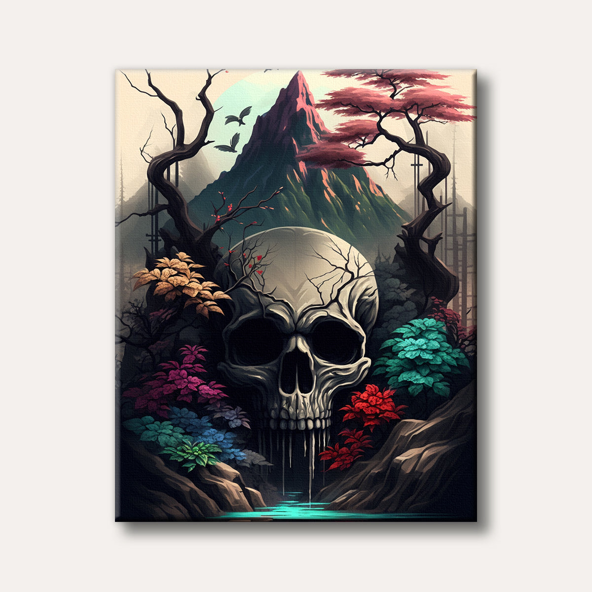 A large, cracked skull is nestled among vibrant, colourful plants and rocks, with a majestic mountain, soaring birds, and a glowing pond in a dark fantasy landscape art style.
