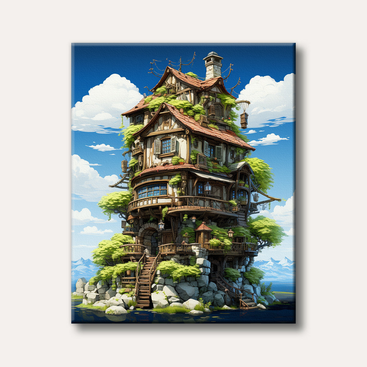A whimsical multi-story fantasy house with red roofs and green vines, perched on a rocky cliff overlooking calm blue water under a bright sky, rendered in a detailed, enchanting style.