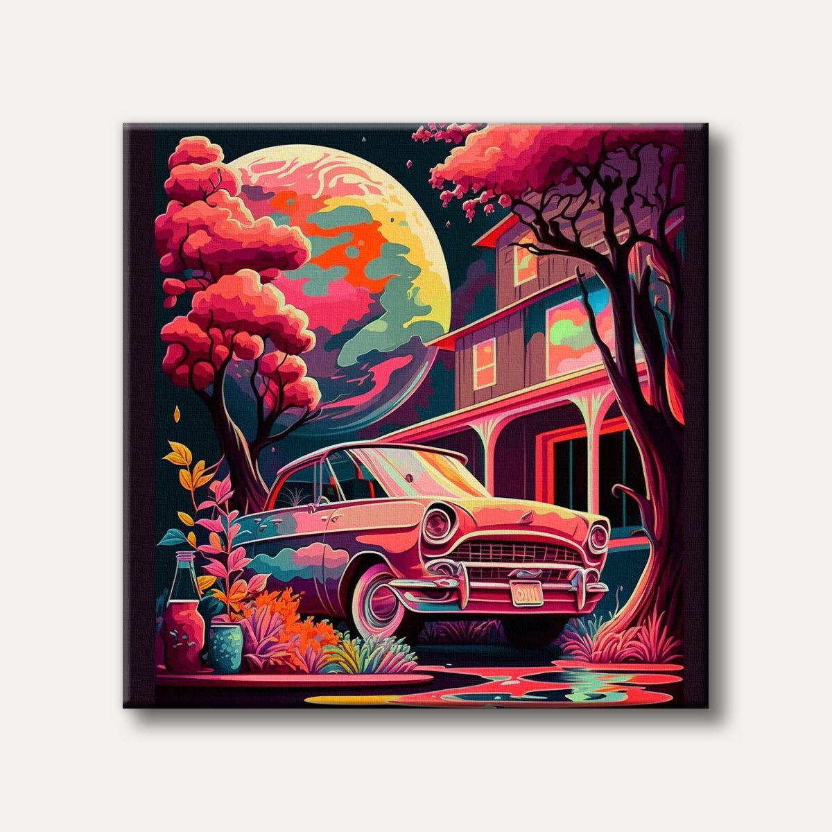A vibrant, pop art-style illustration of a vintage car parked in front of a house, bathed in the glow of a large, colourful celestial body, creating a whimsical and surreal mood.