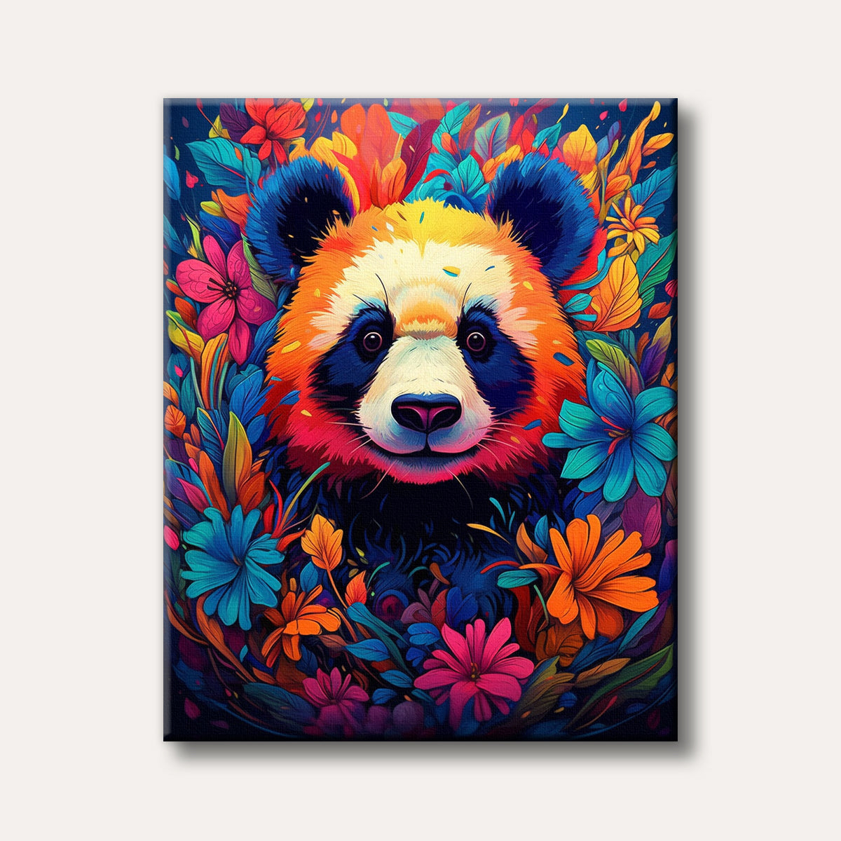 A vibrant, pop-art style red panda with bright orange, blue, and pink fur, surrounded by equally colourful flowers and foliage on a dark background, creating a cheerful and energetic mood.