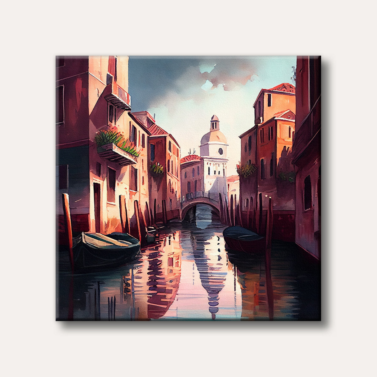 A vibrant watercolour painting of a Venice canal at sunset, showcasing warm-toned historic buildings, parked gondolas, and their clear reflections on the water's surface.