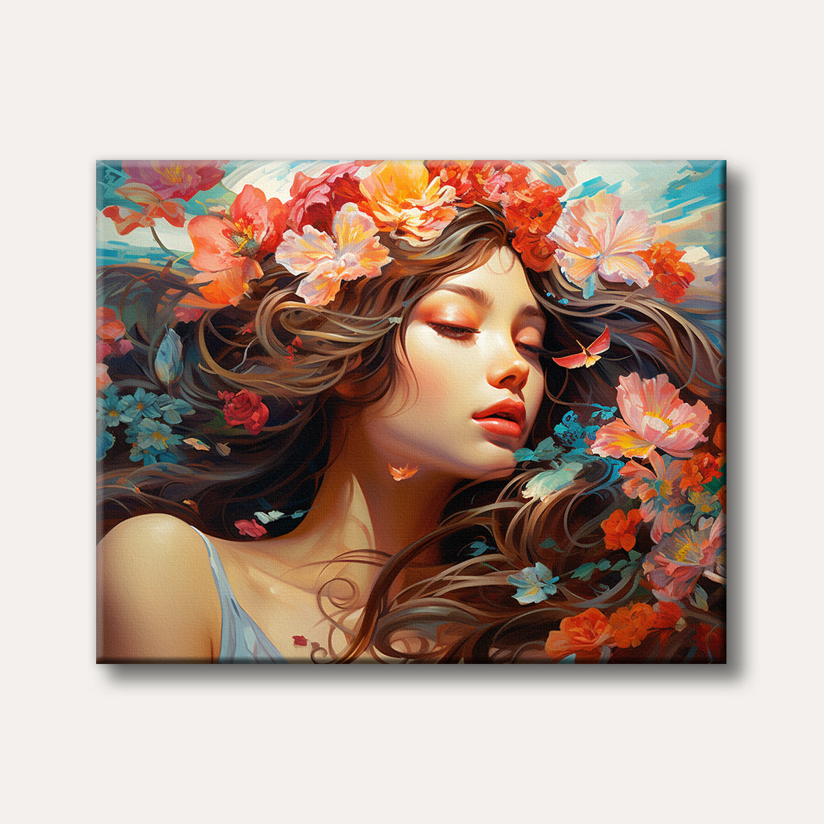 A vibrant, painterly portrait of a serene woman with long, flowing hair adorned with numerous red, orange, and pink flowers and small butterflies against a soft blue background.