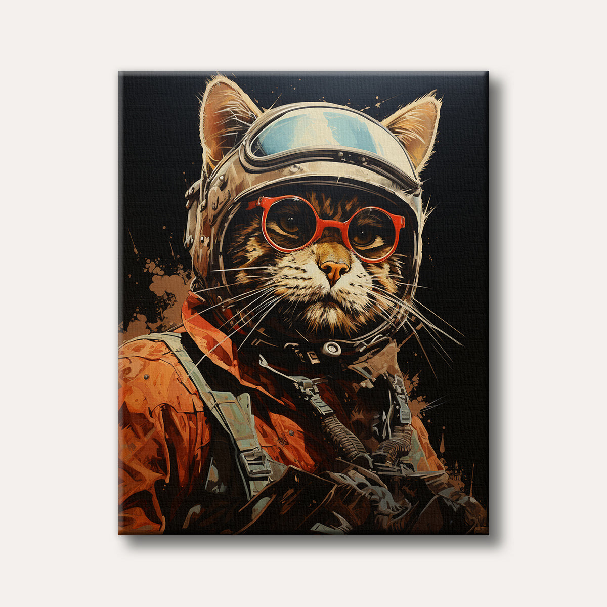 A detailed, artistic portrait of a tabby cat wearing a vintage pilot helmet with a light blue visor and bright red circular goggles, against a dark background with orange and brown paint splatters, in a realistic and quirky style.