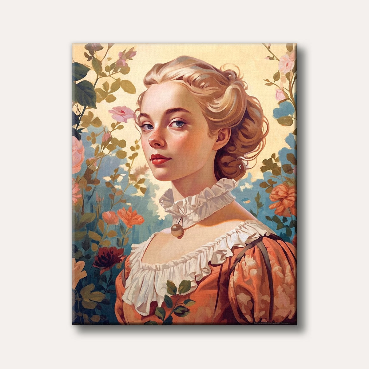 A serene portrait of a young woman with blonde hair and a ruffled dress, surrounded by vibrant flowers and foliage, painted in a classical yet illustrative style.