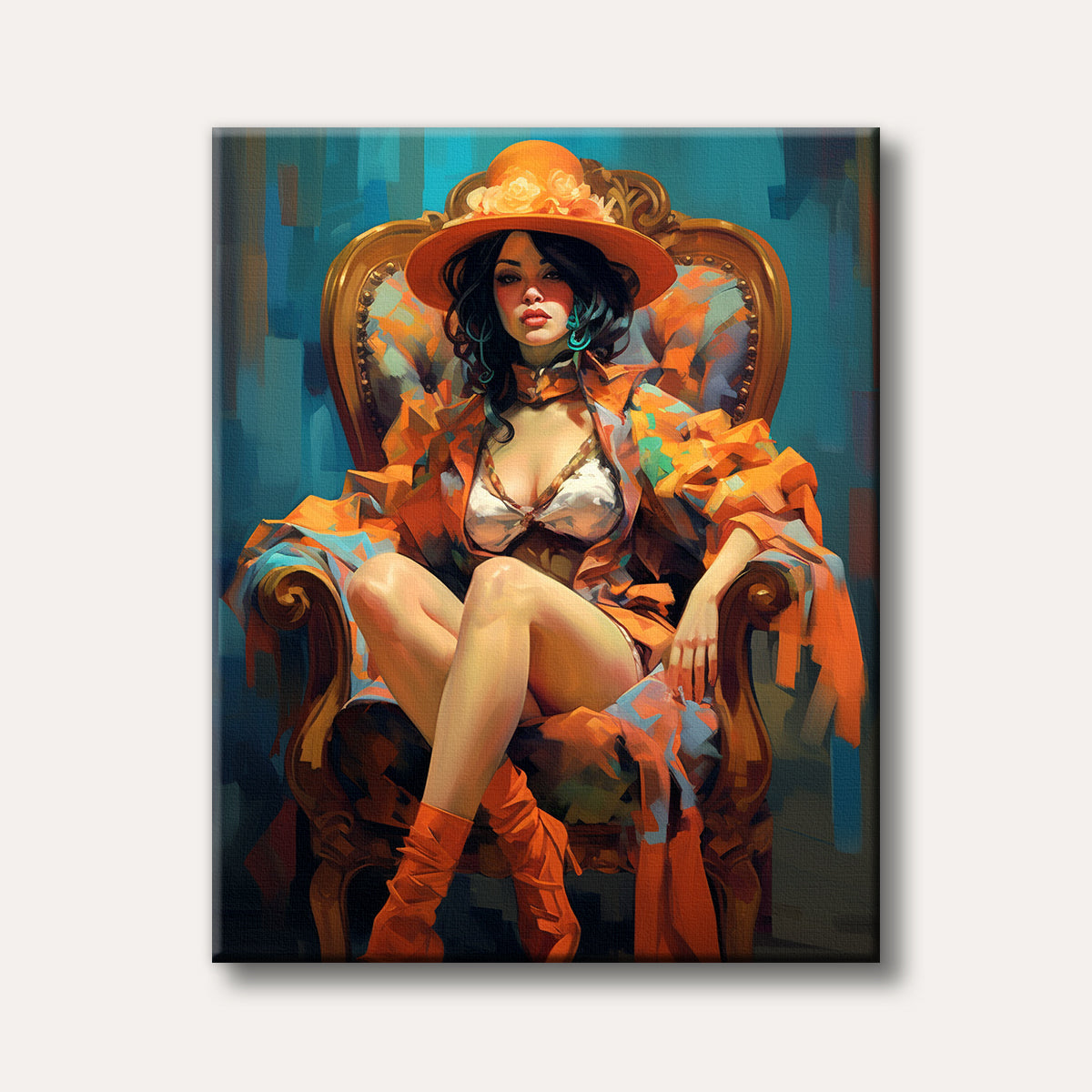 A woman in a stylish orange outfit and hat sits confidently in a gilded chair, rendered in a modern, expressive painting style with vivid colours.