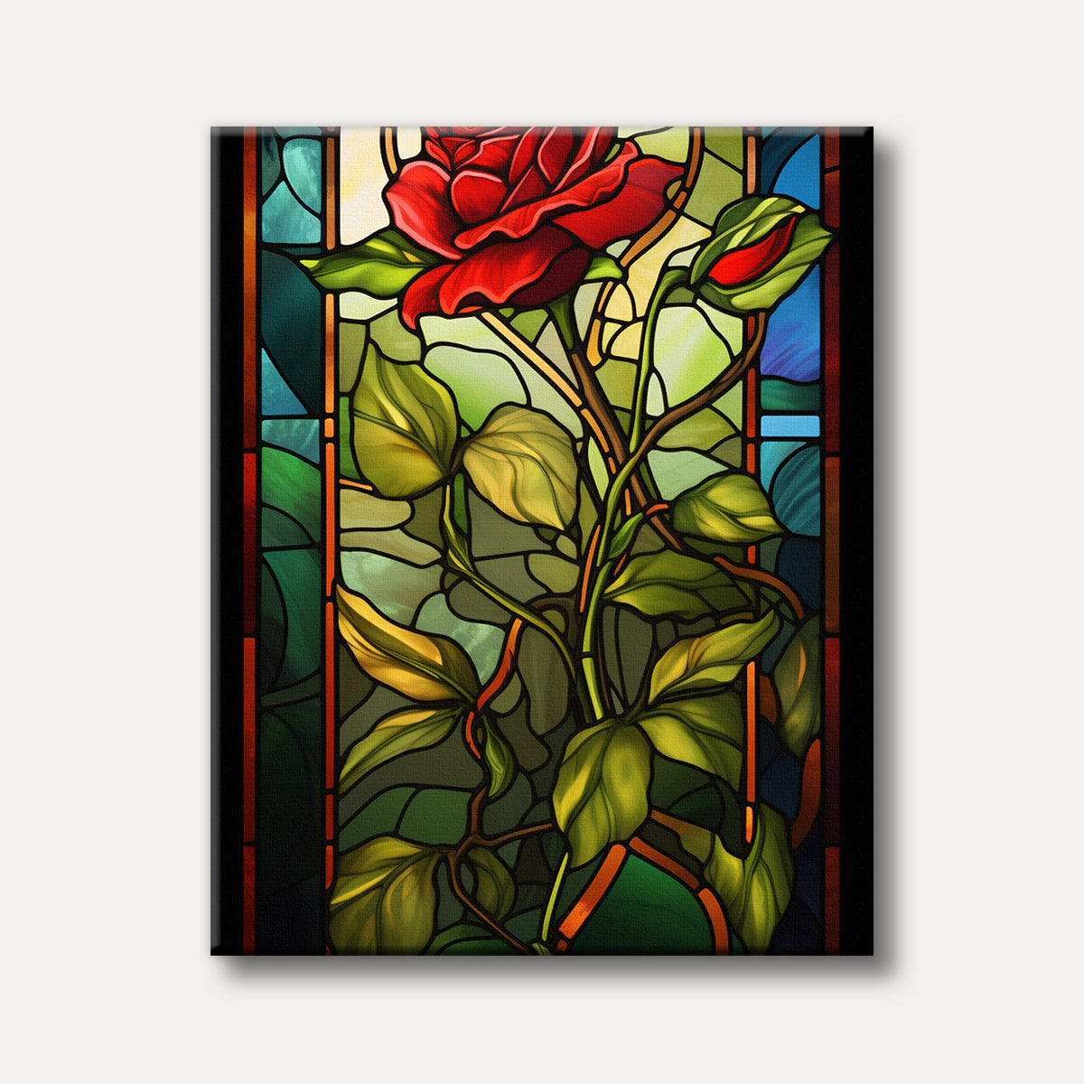 A vibrant red rose and green foliage depicted in an ornate stained glass window style, radiating elegance and classic beauty.