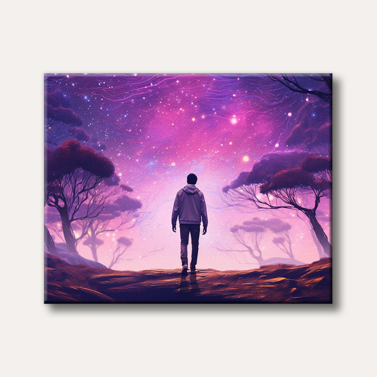 A lone figure walks towards a glowing, star-filled purple and pink sky, surrounded by surreal trees, painted in a vibrant, dreamy digital art style.