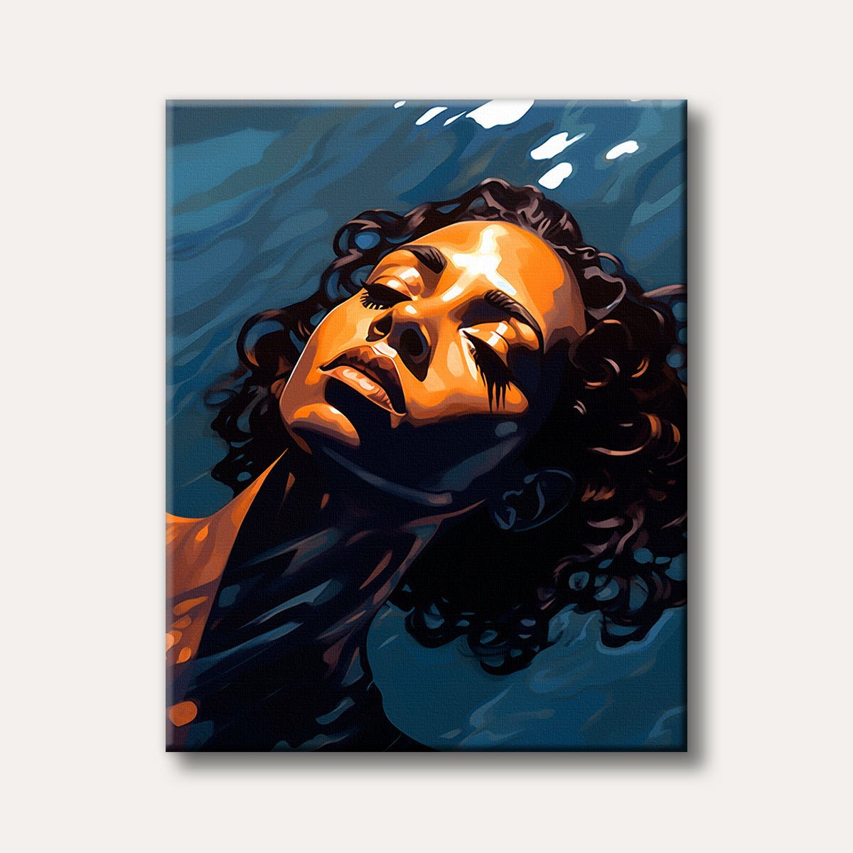 A woman with curly hair floats on her back in dark blue water, illuminated by warm, golden light from above, rendered in a striking, illustrative style.