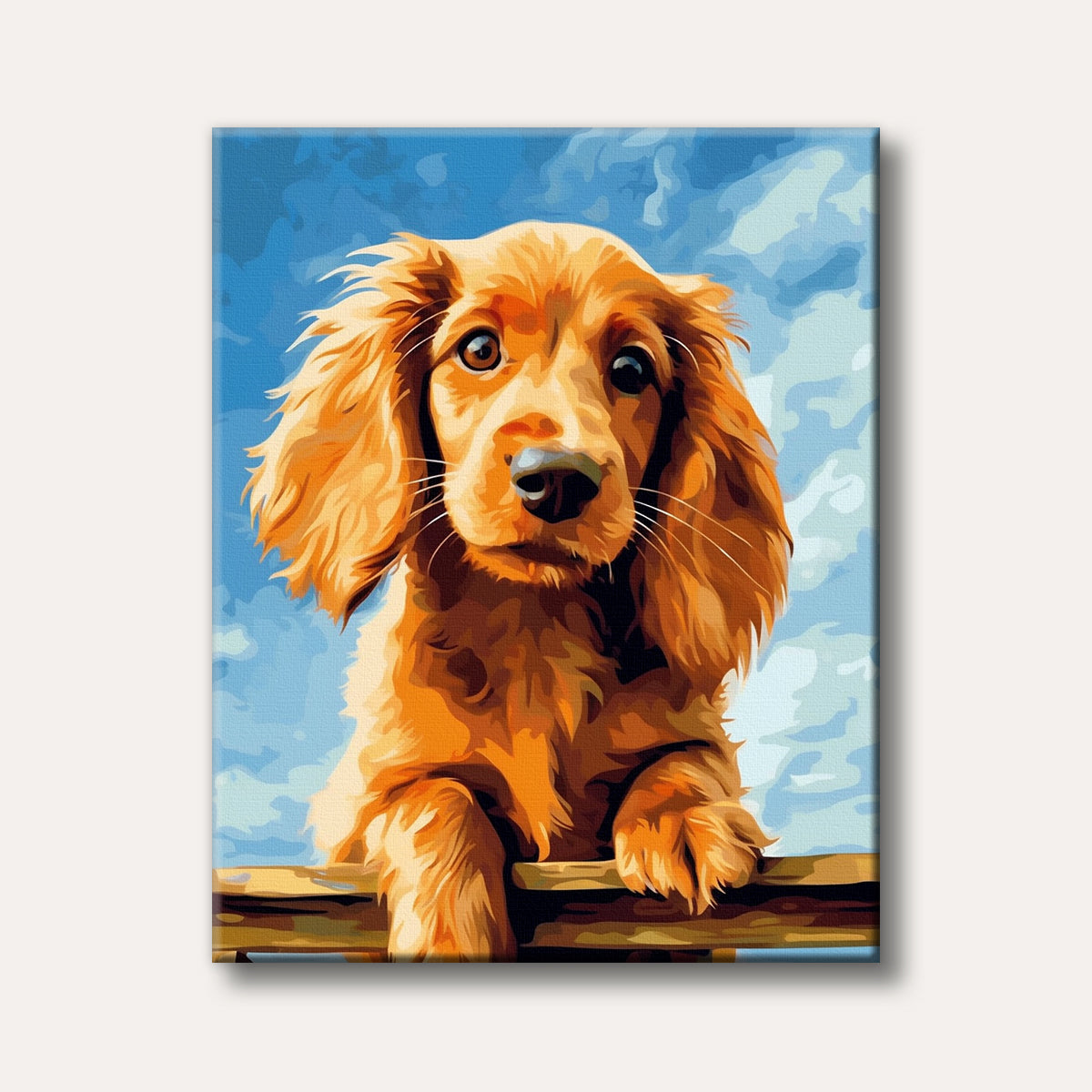 A charming painting of a golden-haired puppy with big brown eyes, resting its paws on a wooden railing against a bright blue sky with clouds, rendered in a cheerful, stylized art style.