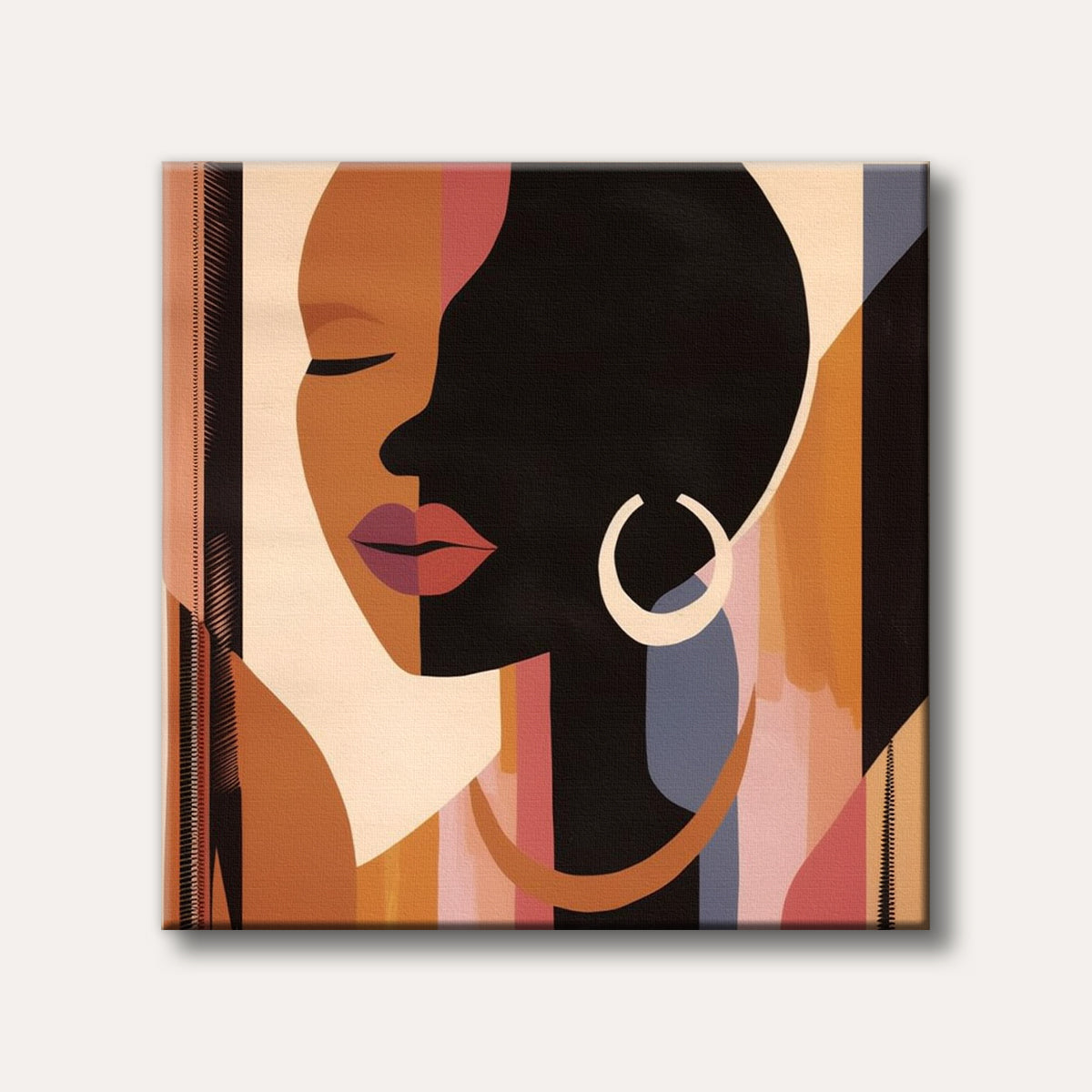 A modern abstract portrait of a woman's face, divided into light and dark sections, set against a background of vibrant geometric shapes and lines in warm, earthy tones with hints of pink and blue.