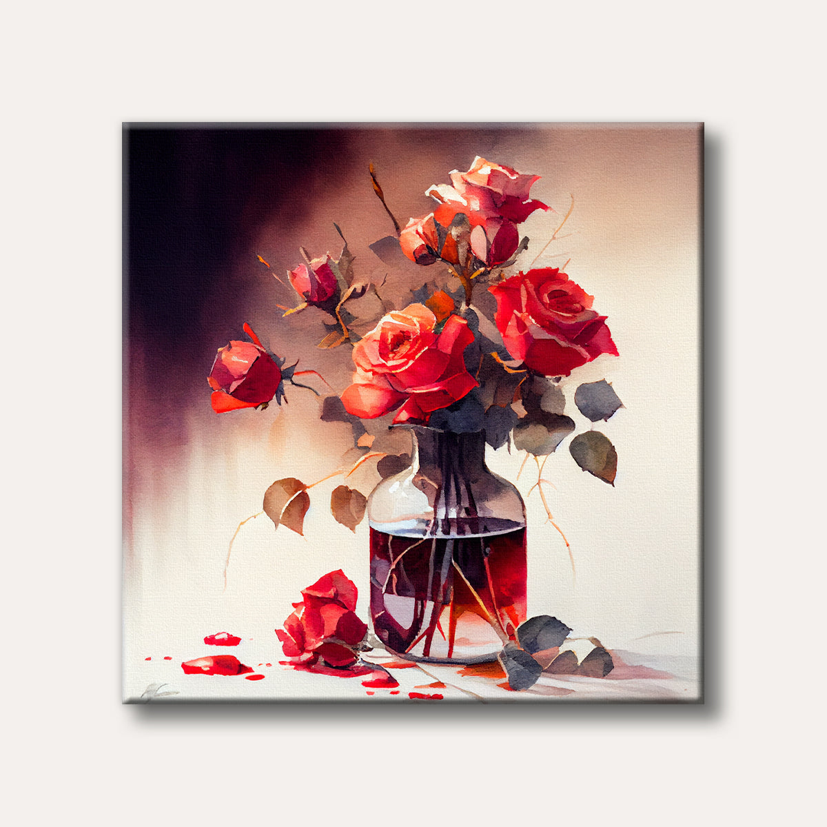 A vibrant watercolour painting of a bouquet of deep red roses in a clear glass vase with fallen petals, set against a dark to light gradient background.