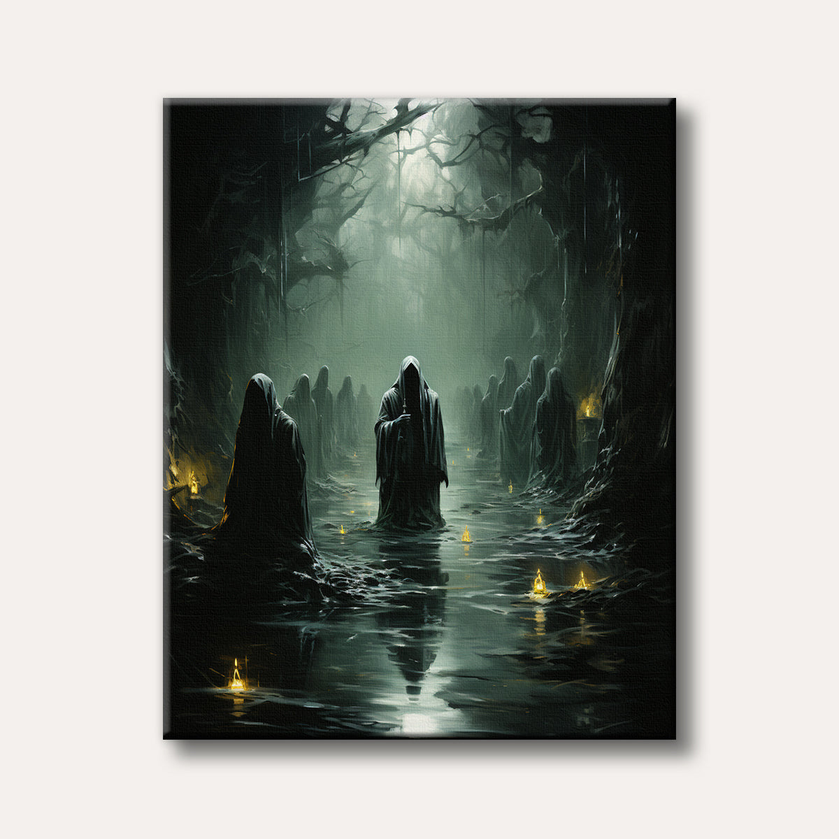 A dark, atmospheric painting depicting a procession of cloaked, hooded figures wading through a murky, reflective swamp with eerie glowing lights, under gnarled trees, in a gothic fantasy art style.