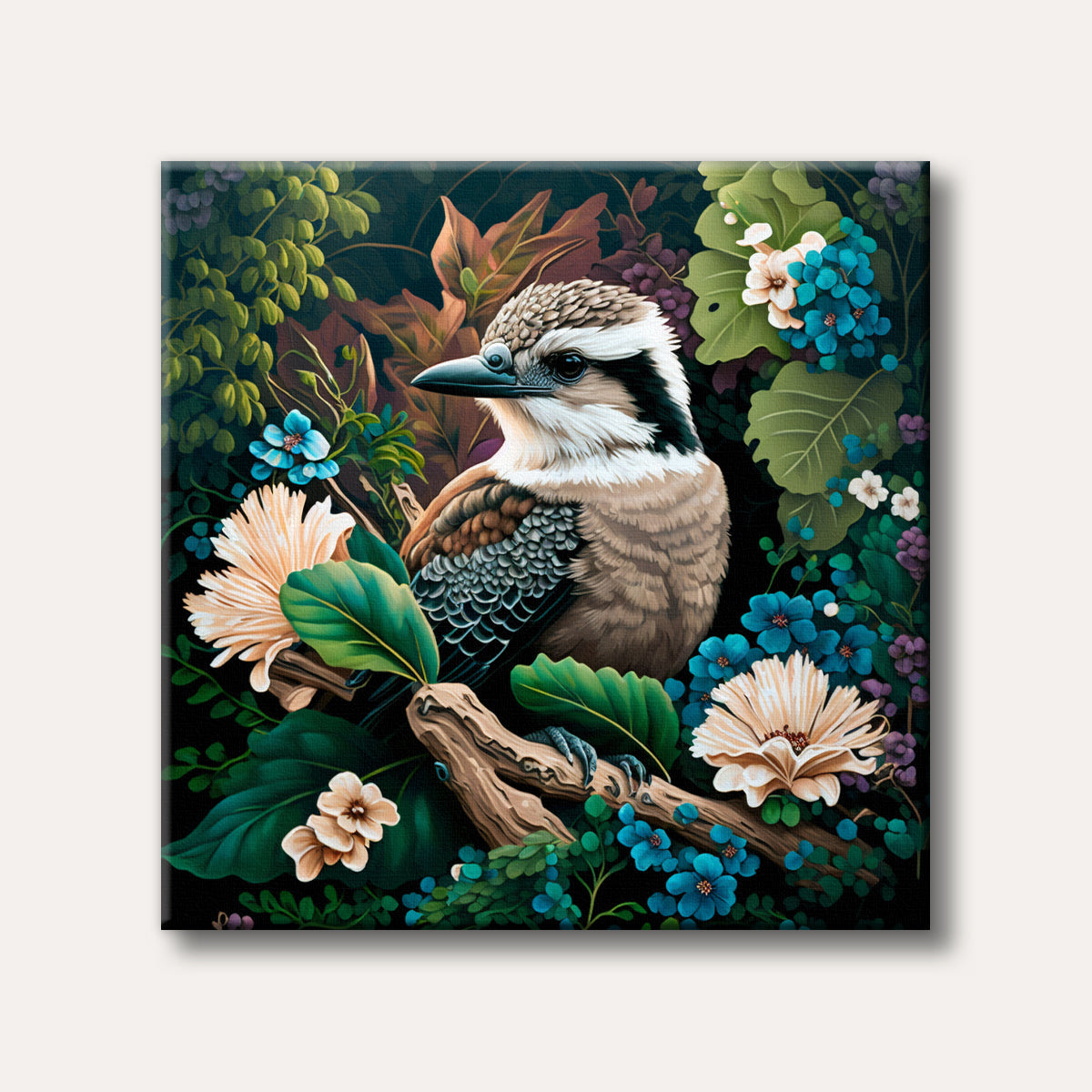 A detailed illustration of a kookaburra perched on a branch amidst lush green foliage and vibrant blue and cream flowers, painted in a realistic and colourful style.