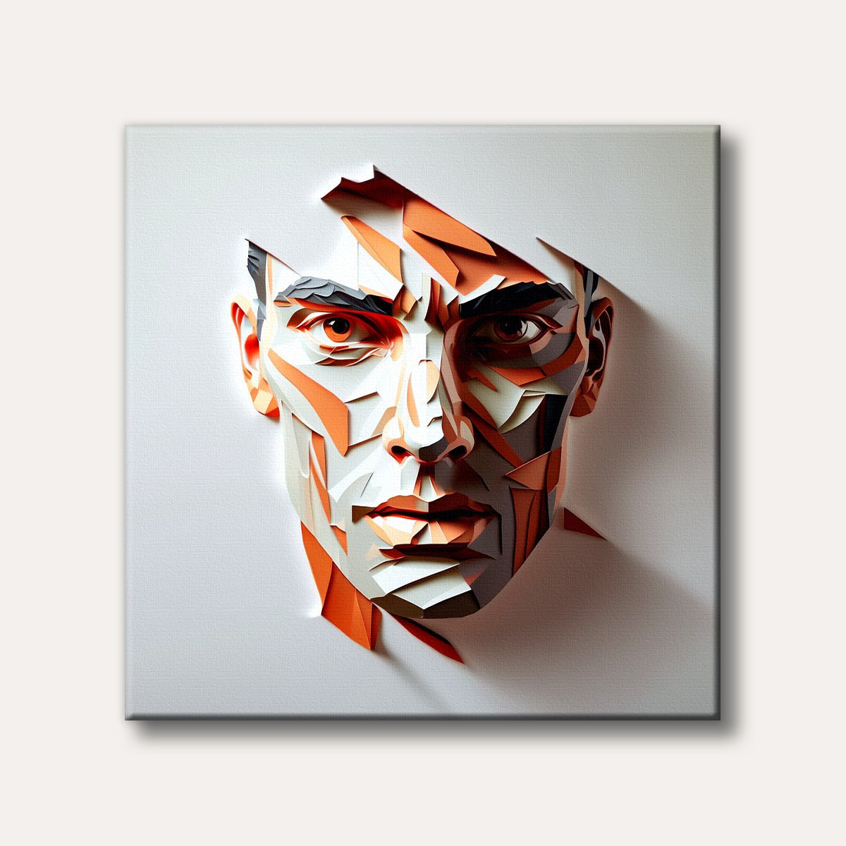 An abstract and geometric portrait of a man's face, composed of sharp, fragmented shapes in shades of orange, white, and dark gray, casting dramatic shadows.