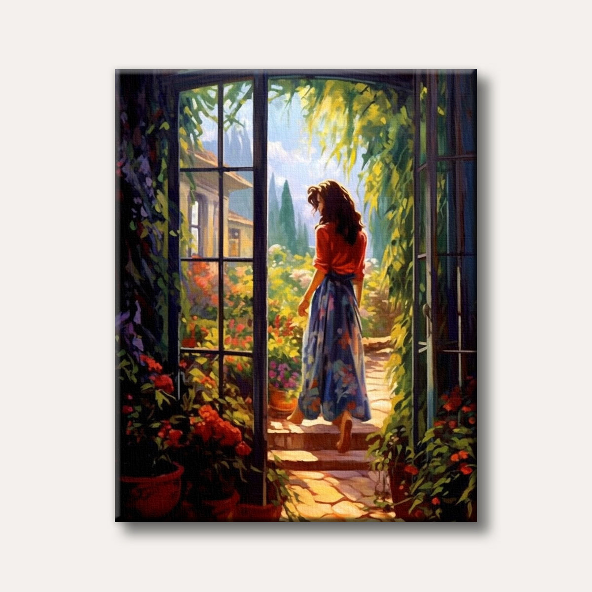 A painting of a woman with dark hair, wearing a red shirt and a flowing blue floral skirt, stepping from a sunlit doorway into a lush, colourful garden filled with flowers and green foliage, rendered in a vibrant, impressionistic style.
