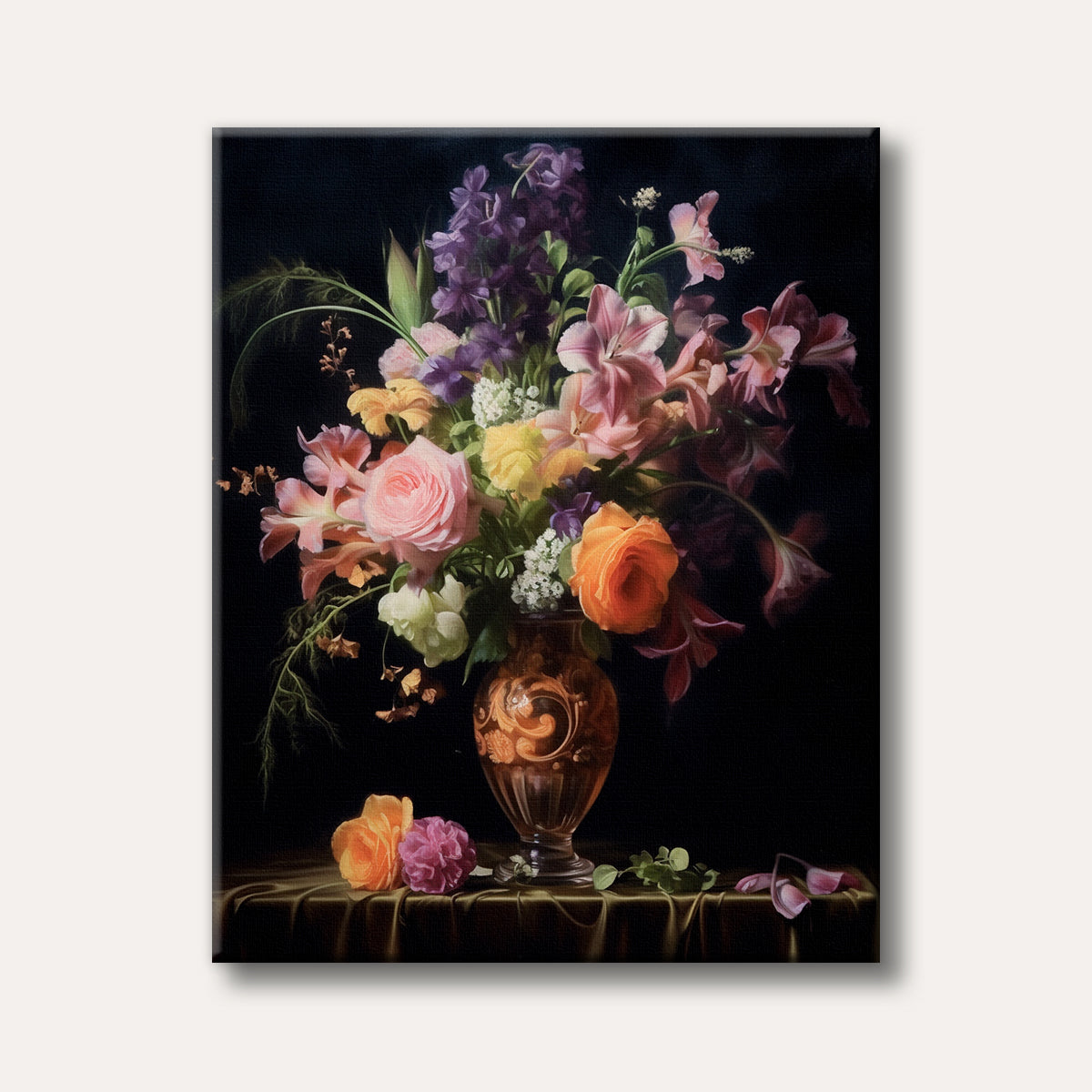 A vibrant, classical still life painting featuring a lush bouquet of various colourful flowers in an ornate vase on a dark background, evoking a rich and elegant mood.