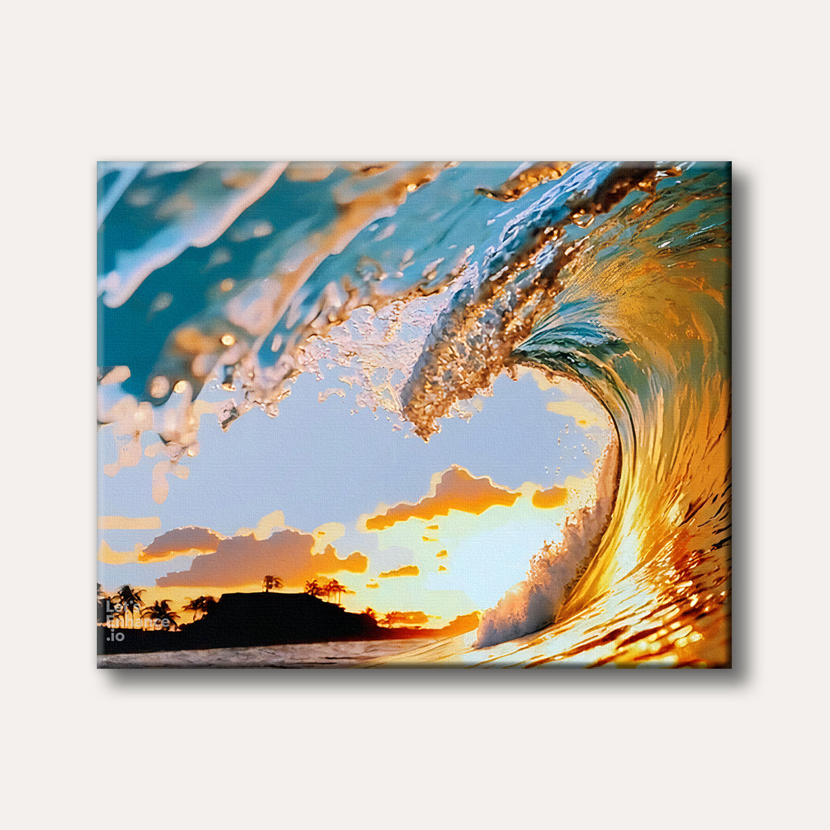 A vibrant close-up of an ocean wave curling, illuminated by a golden sunset from behind, with palm tree silhouettes on a distant tropical island, depicted in a realistic style.