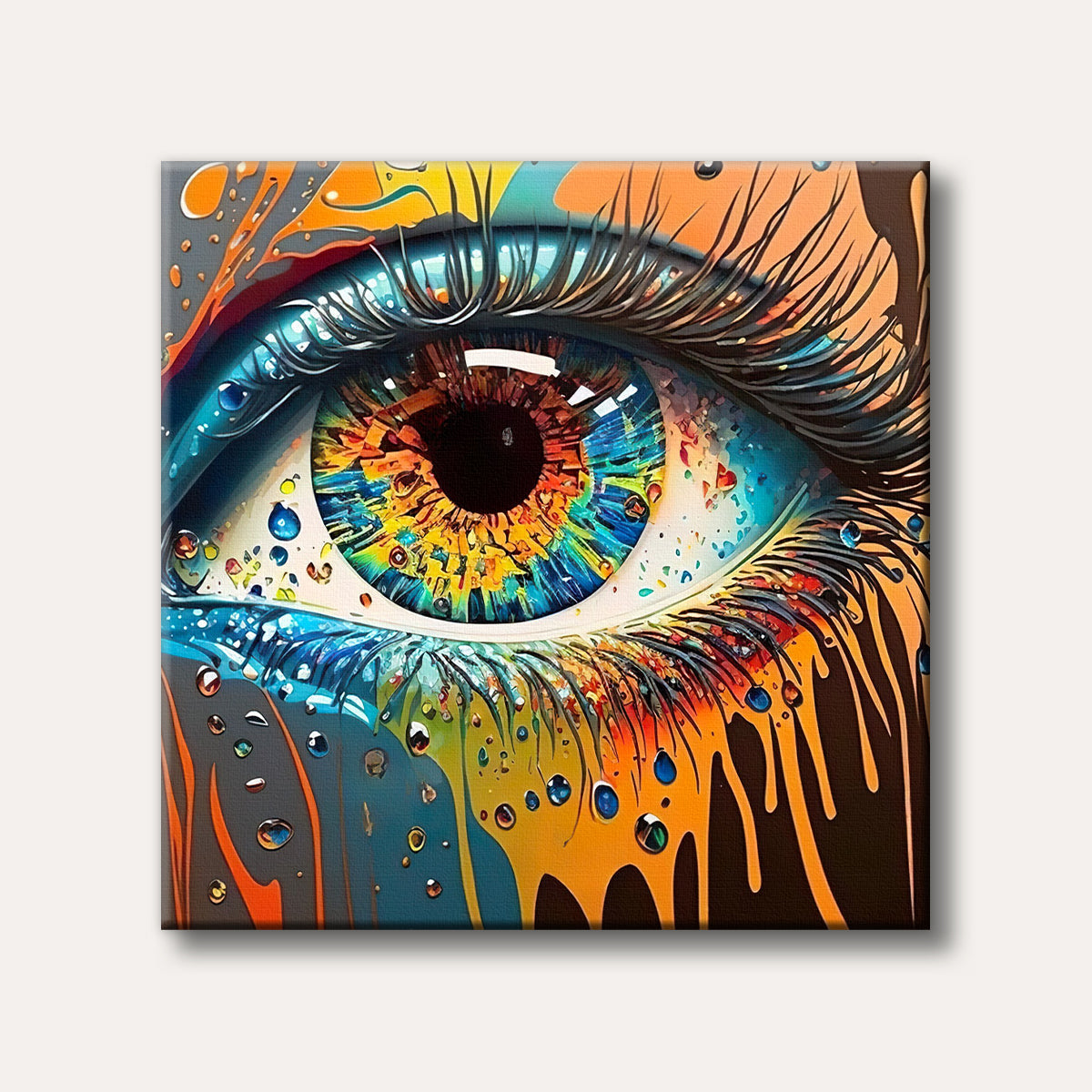 A close-up of a human eye with a brightly coloured, abstract iris, surrounded by dripping paint and reflective droplets in a bold, artistic style.