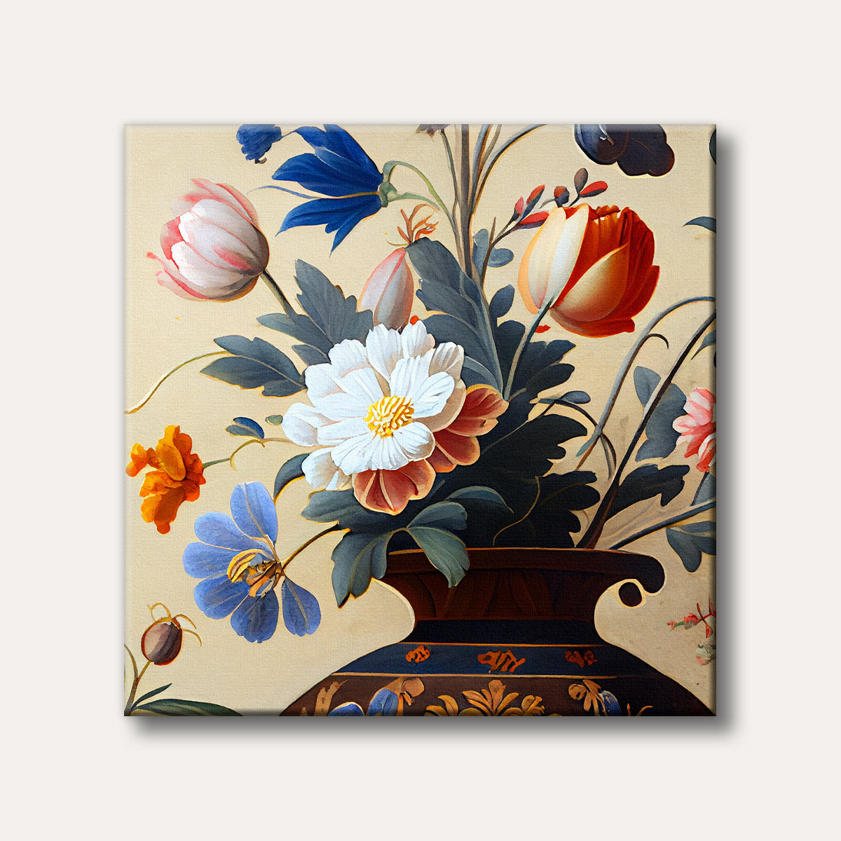 A richly detailed botanical painting featuring a vibrant arrangement of white, red, blue, and yellow flowers in an ornate vase, set against a warm beige background.