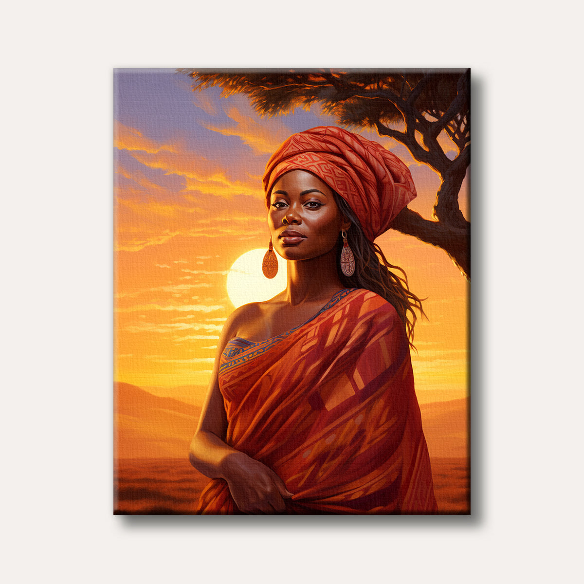 A portrait of an African woman wearing a red headwrap and dress, standing before a vibrant orange sunset, painted in a realistic style.