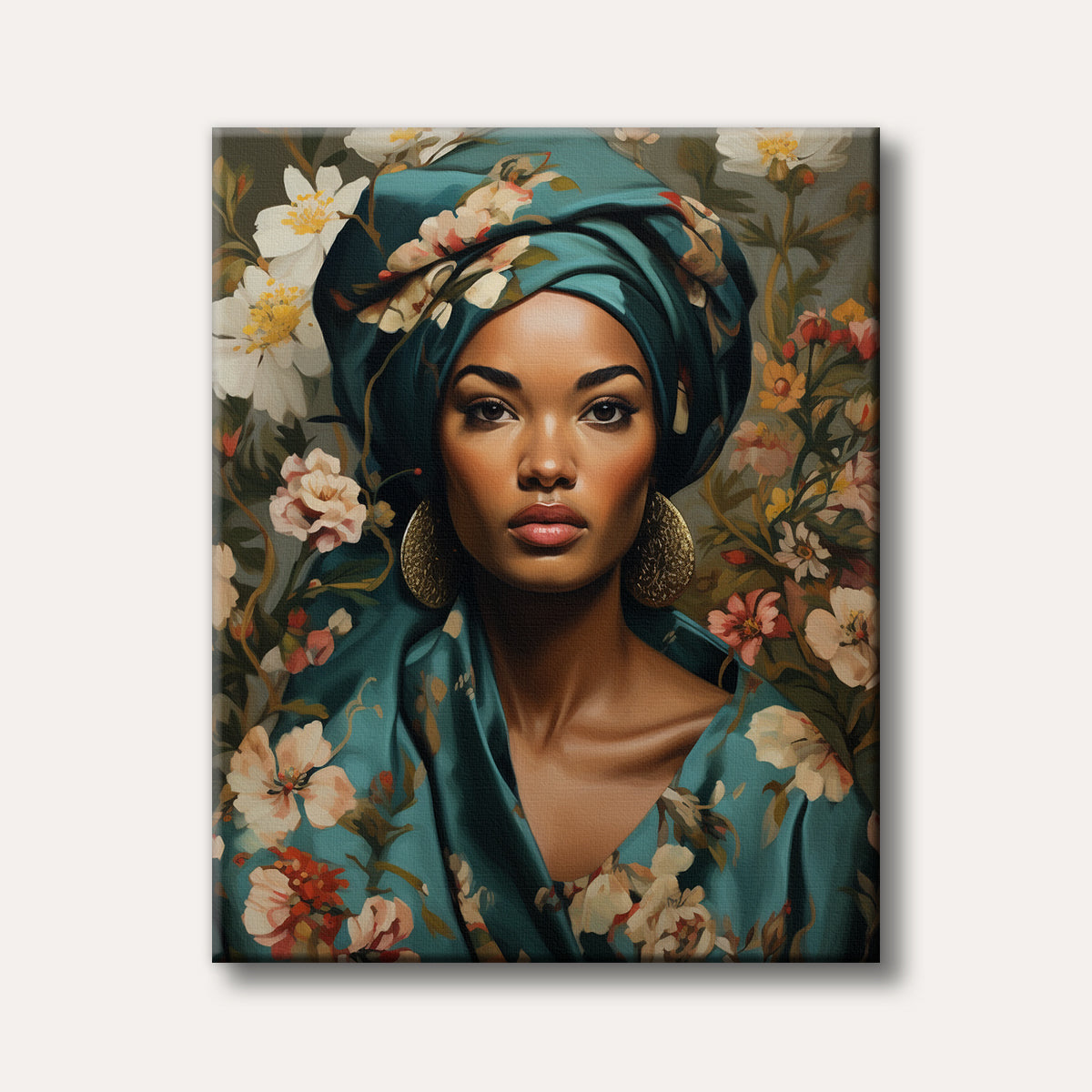 A captivating portrait of a woman wearing a teal floral headwrap and matching dress, adorned with large gold earrings, set against a background of lush flowers, painted in a realistic style.