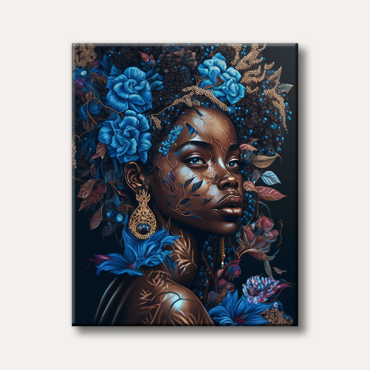 A striking portrait of a woman with dark skin adorned with vibrant blue flowers and golden botanical patterns, set against a dark background in a fantastical, illustrative style.