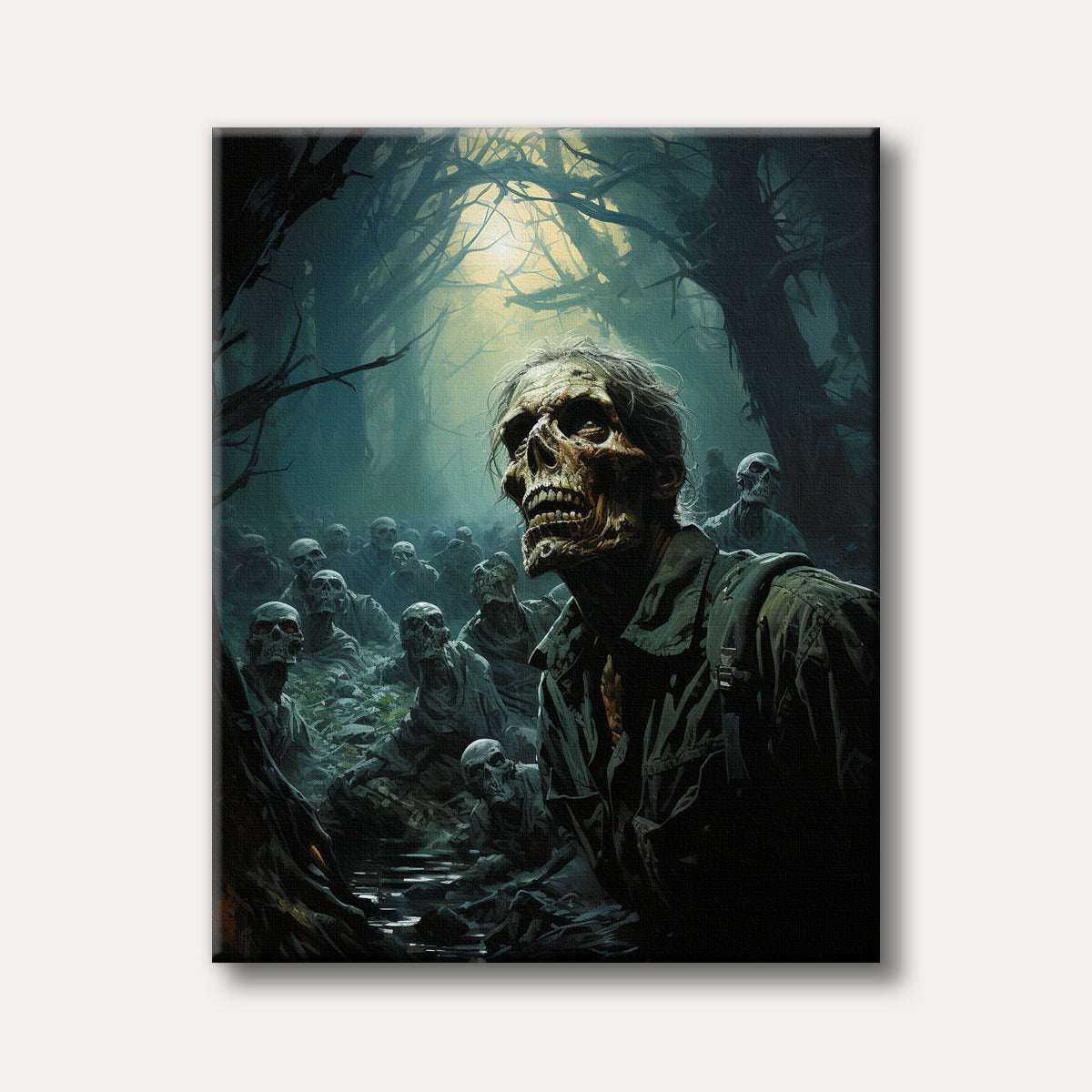 A chilling digital painting depicts a horde of grotesque zombies emerging from a dark, misty forest, illuminated by an eerie glow.