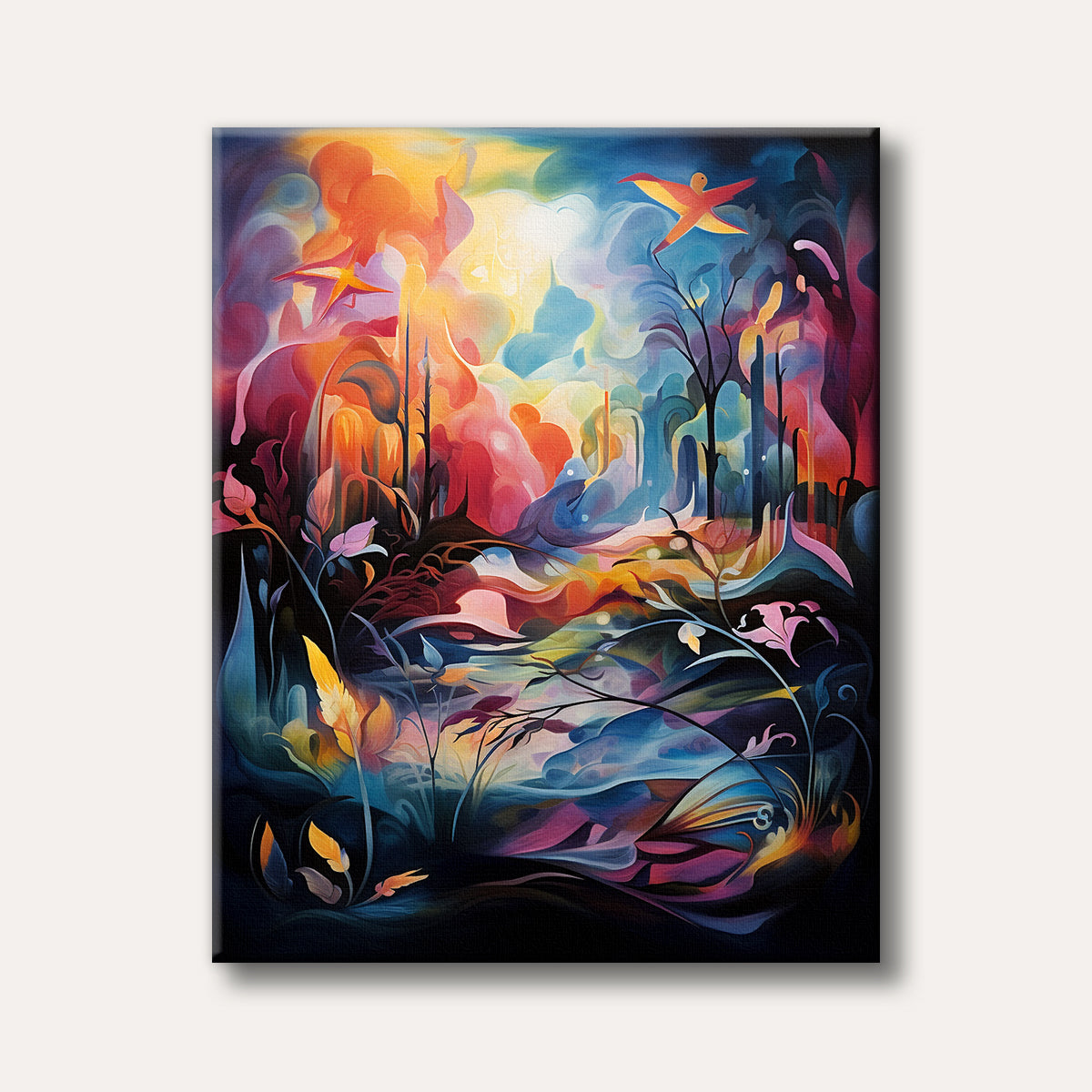 An abstract fantasy landscape featuring flowing shapes, vibrant colours, and two stylized birds flying under a luminous sky, painted in a surreal, fluid style.