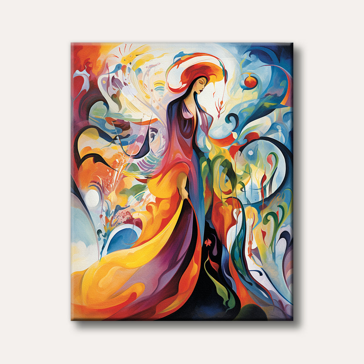 An abstract painting featuring a woman in flowing, vibrant robes amidst a swirling background of rich colours, evoking a dynamic and artistic mood.