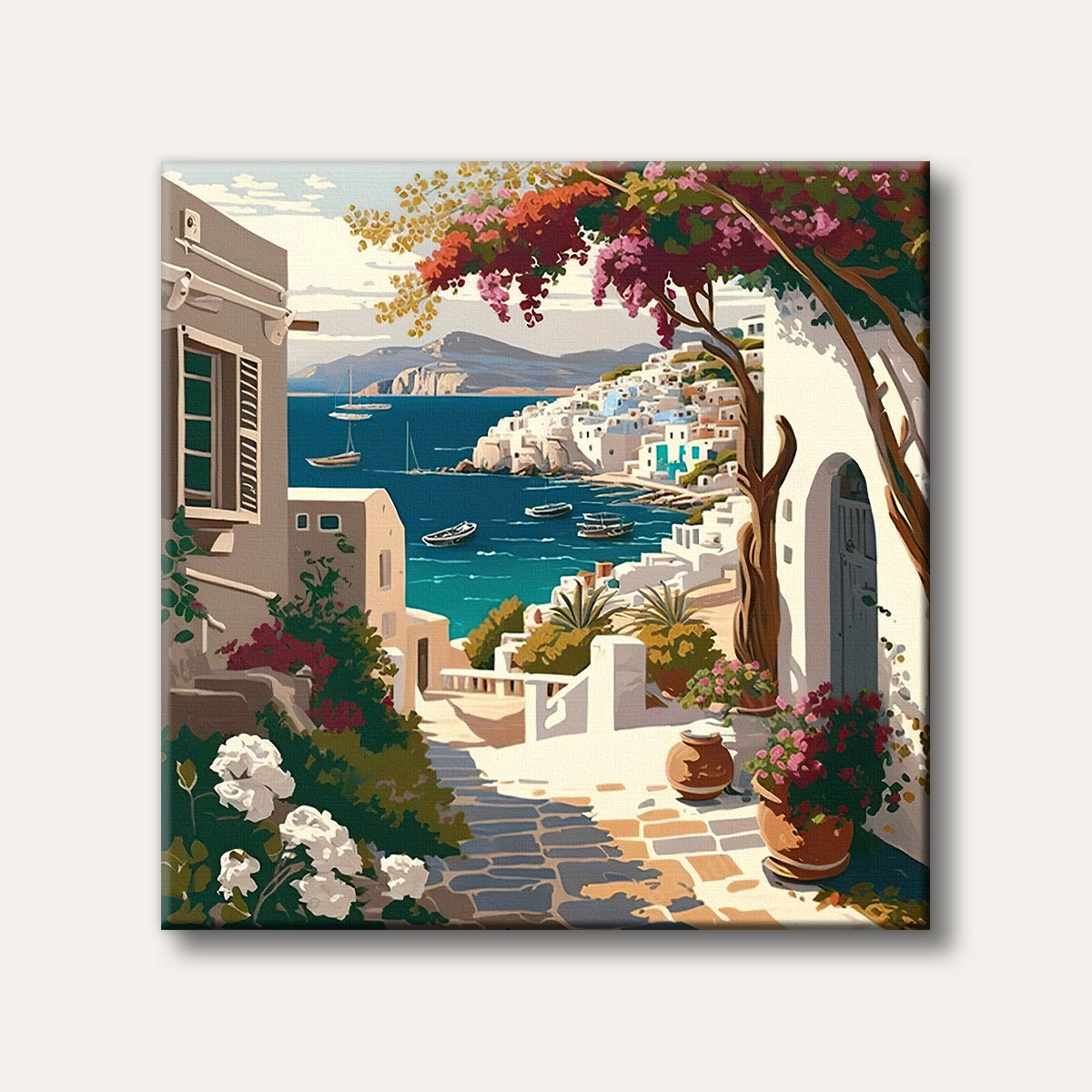 A detailed painting showcasing a picturesque Mediterranean village with white buildings, vibrant pink and red bougainvillea, overlooking a deep blue sea with sailboats under a clear sky.
