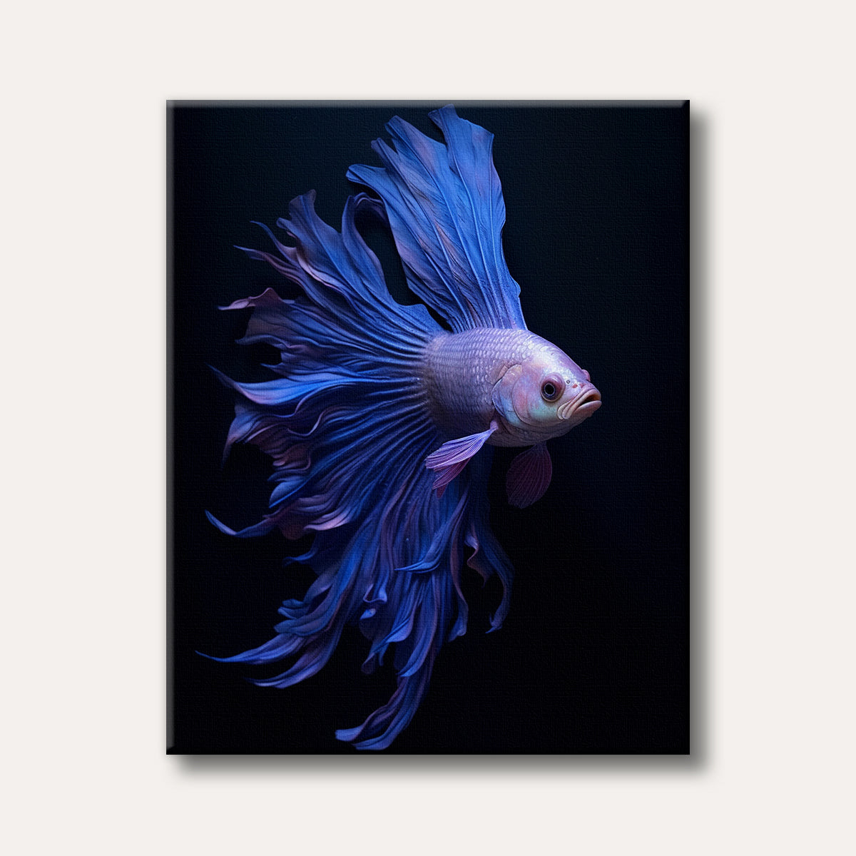 A majestic blue and purple Betta fish with flowing fins, depicted realistically against a dark background, evoking a graceful and striking mood.