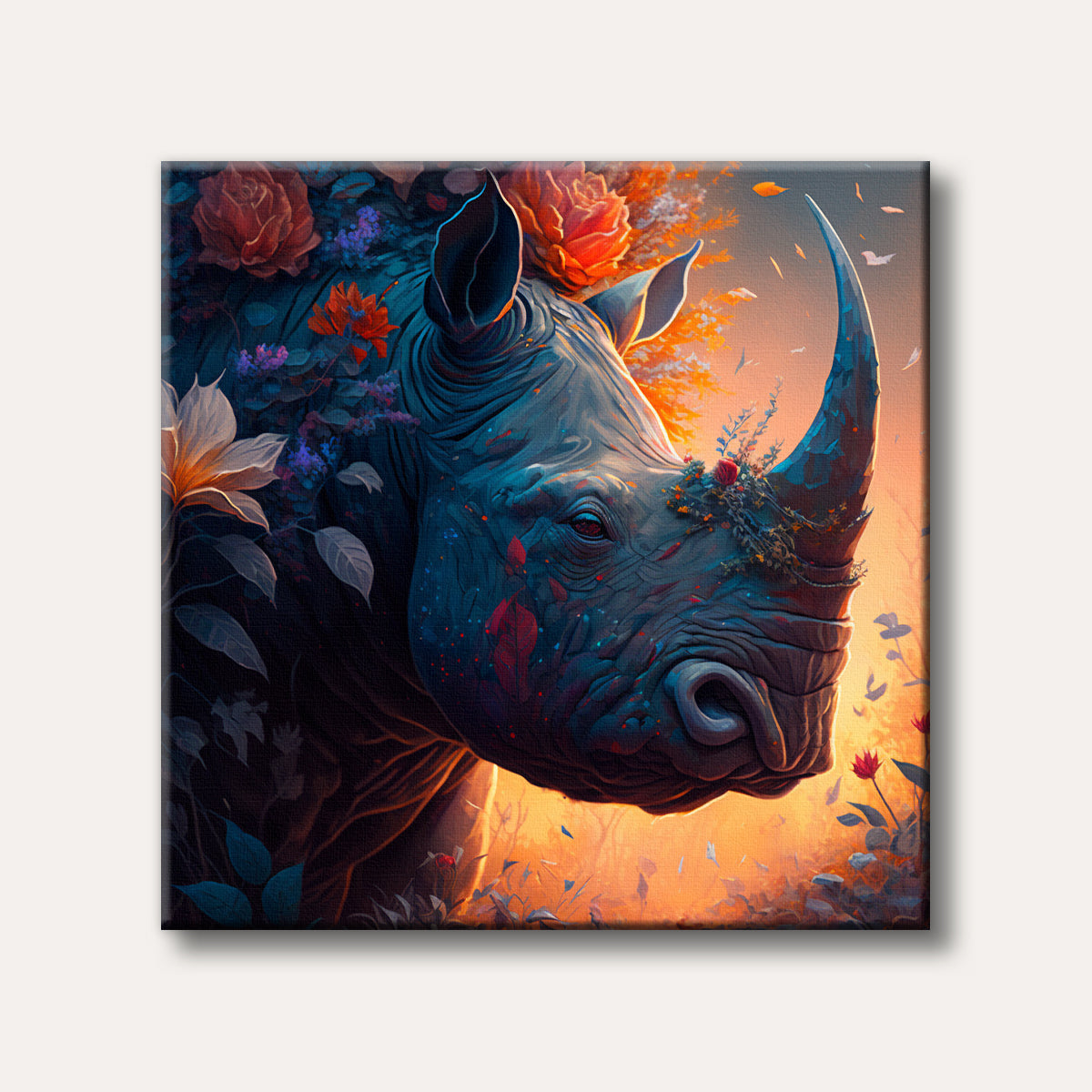 A majestic rhinoceros covered in vibrant flowers and foliage, set against a glowing orange sunset, rendered in a detailed fantasy art style.